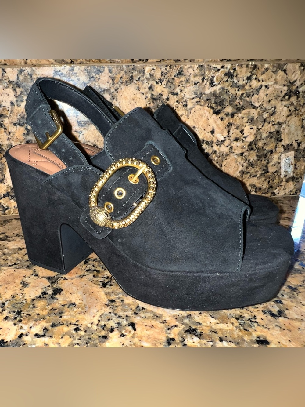Kurt Geiger Black Suede Platform Slingback Heels with Gold Buckle - Picture 2 of 6